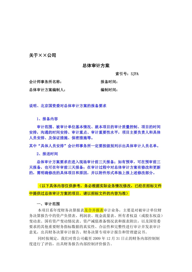 9.1-总体审计方案(模版)名师制作优质教学资料.doc_第1页