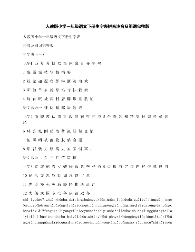 最新人教版小学一年级语文下册生字表拼音注音及组词完整版名师优秀教案.docx_第1页