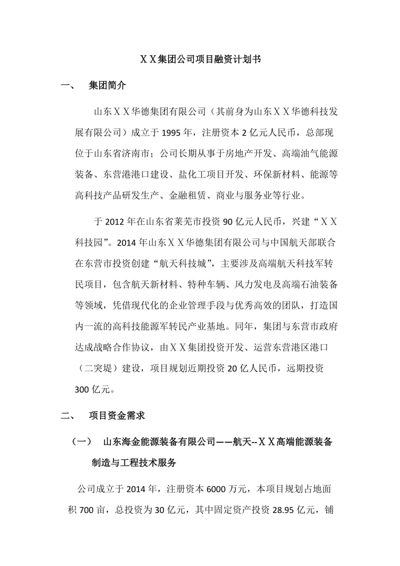 最新集团公司项目融资计划书.docx_第1页