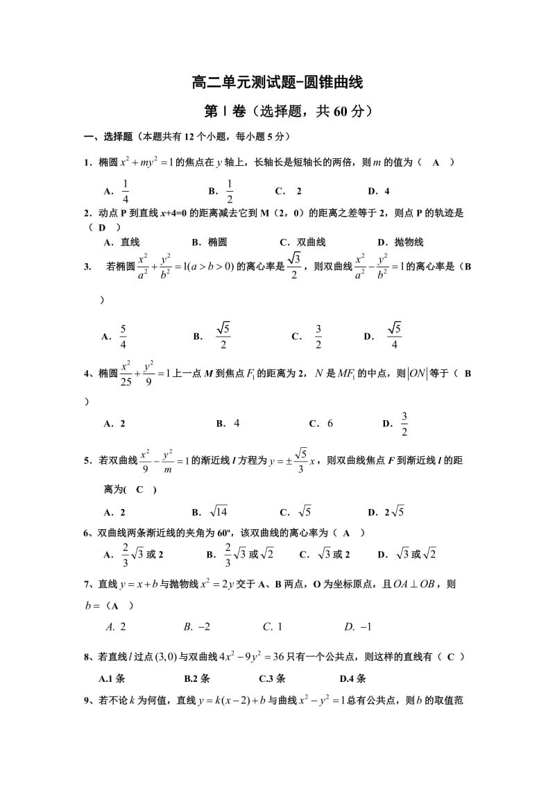 最新新课标人教A版高中数学(选修2-1)单元测试-第二章圆锥曲线与方程名师优秀教案.doc_第1页