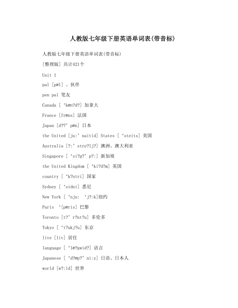 最新人教版七年级下册英语单词表带音标名师优秀教案.doc_第1页