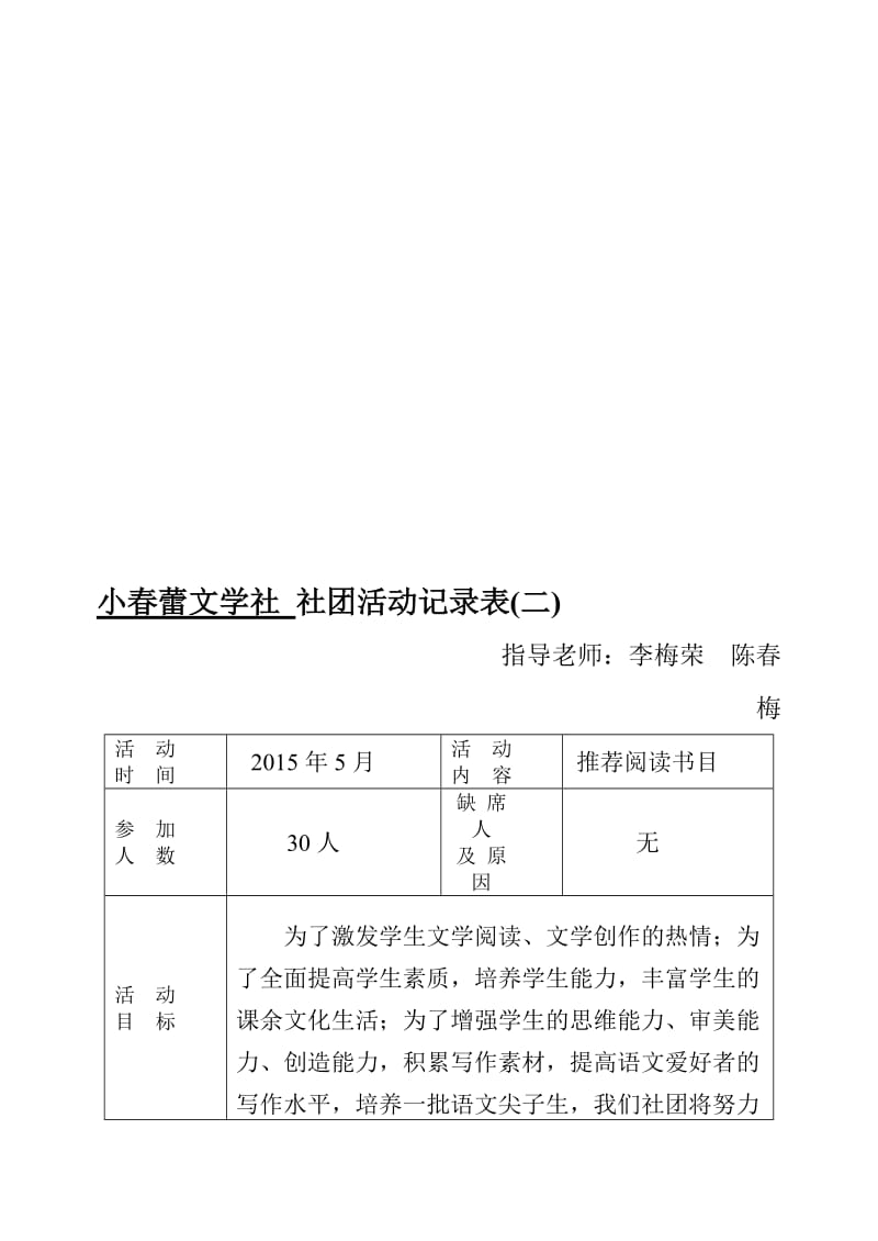小春蕾文学社社团活动记录表（二）[精选文档].doc_第1页