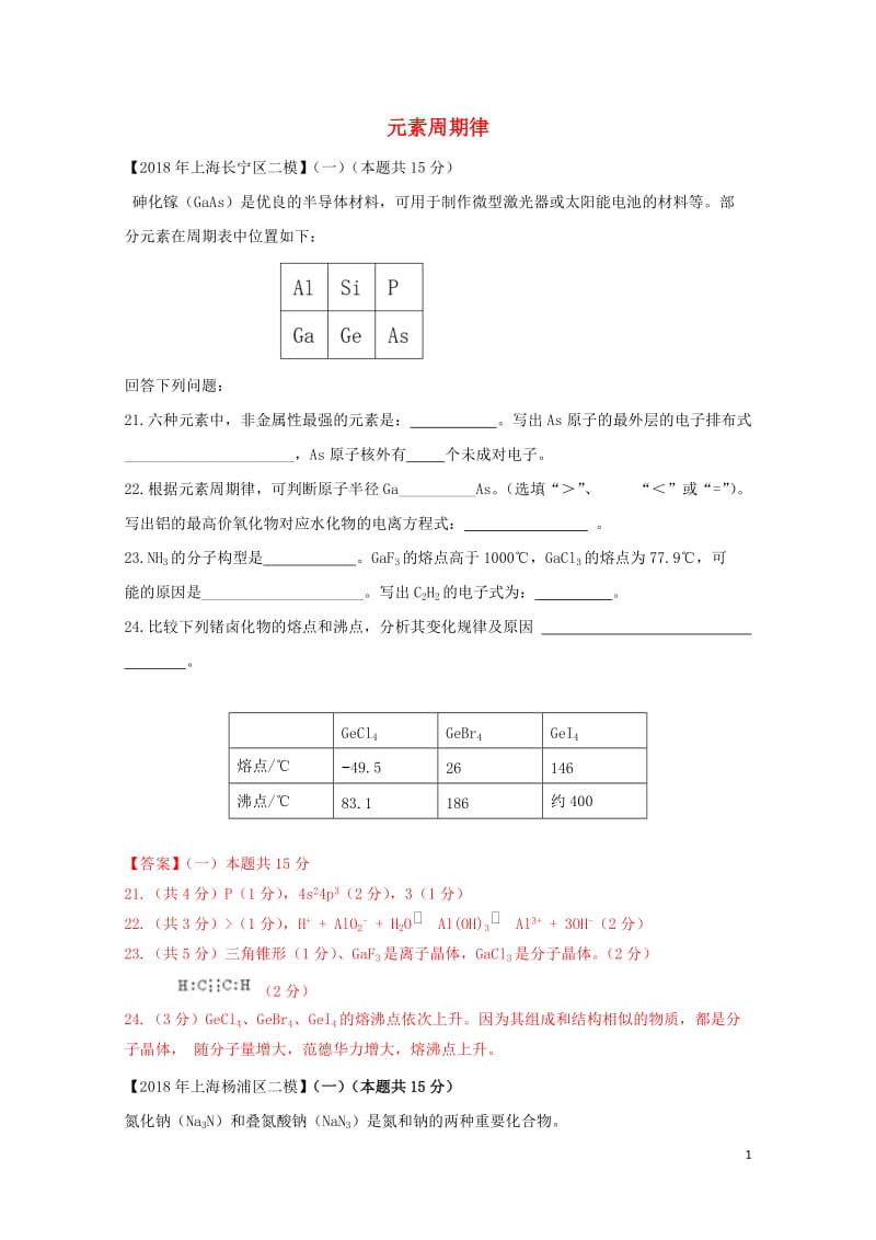 上海市各区2018年中考化学二模试题分类汇编元素周期律试题201806153137.doc_第1页