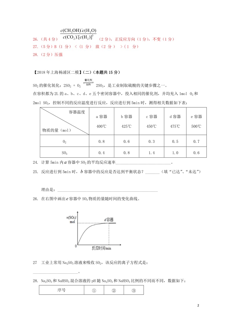 上海市各区2018年中考化学二模试题分类汇编化学平衡试题答案不全201806153124.doc_第2页