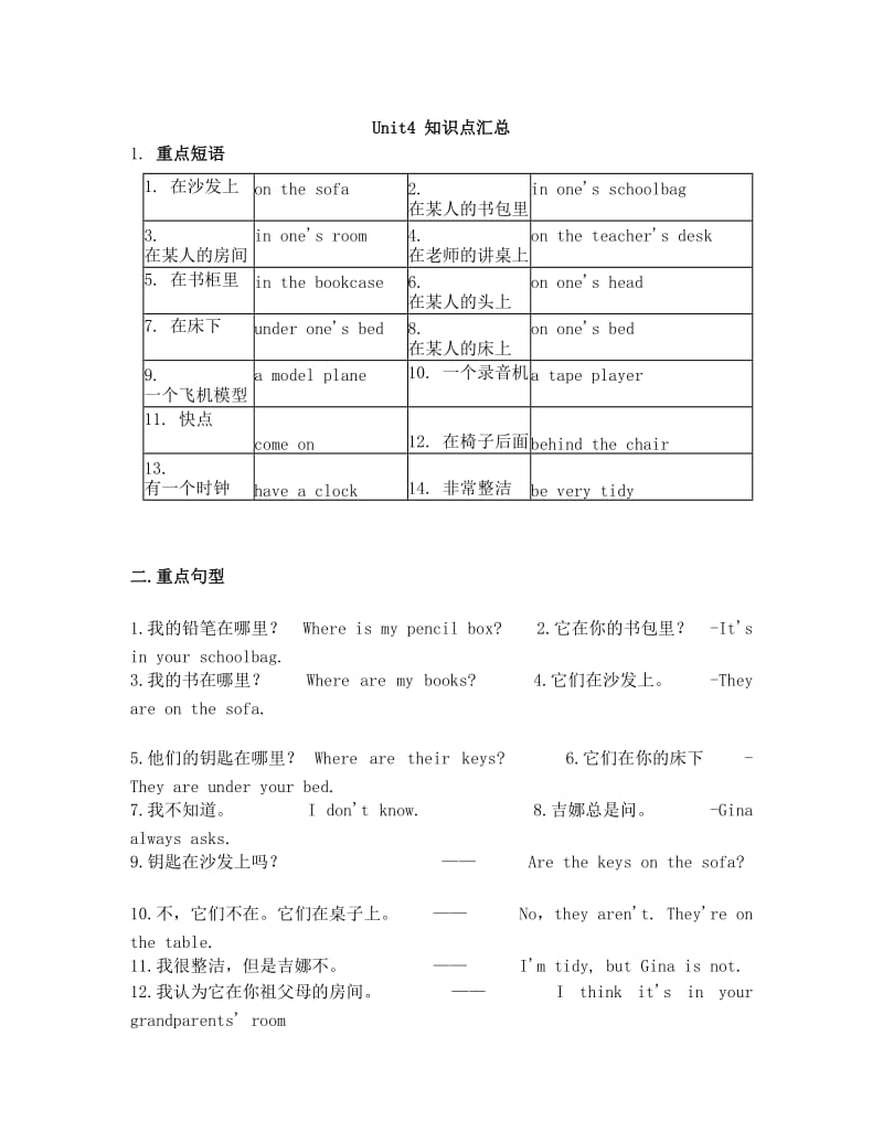 最新人教版七年级英语上册Unit4短语、句型、知识点总结名师优秀教案.doc_第1页