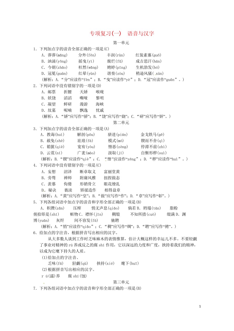 2018九年级语文上册期末专项复习一语音与汉字新人教版20180607346.wps_第1页