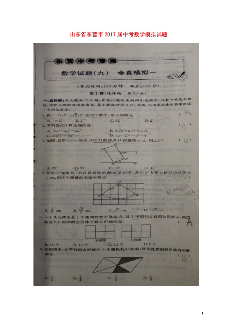 山东诗营市2017届中考数学模拟试题9扫描版20180612295.doc_第1页