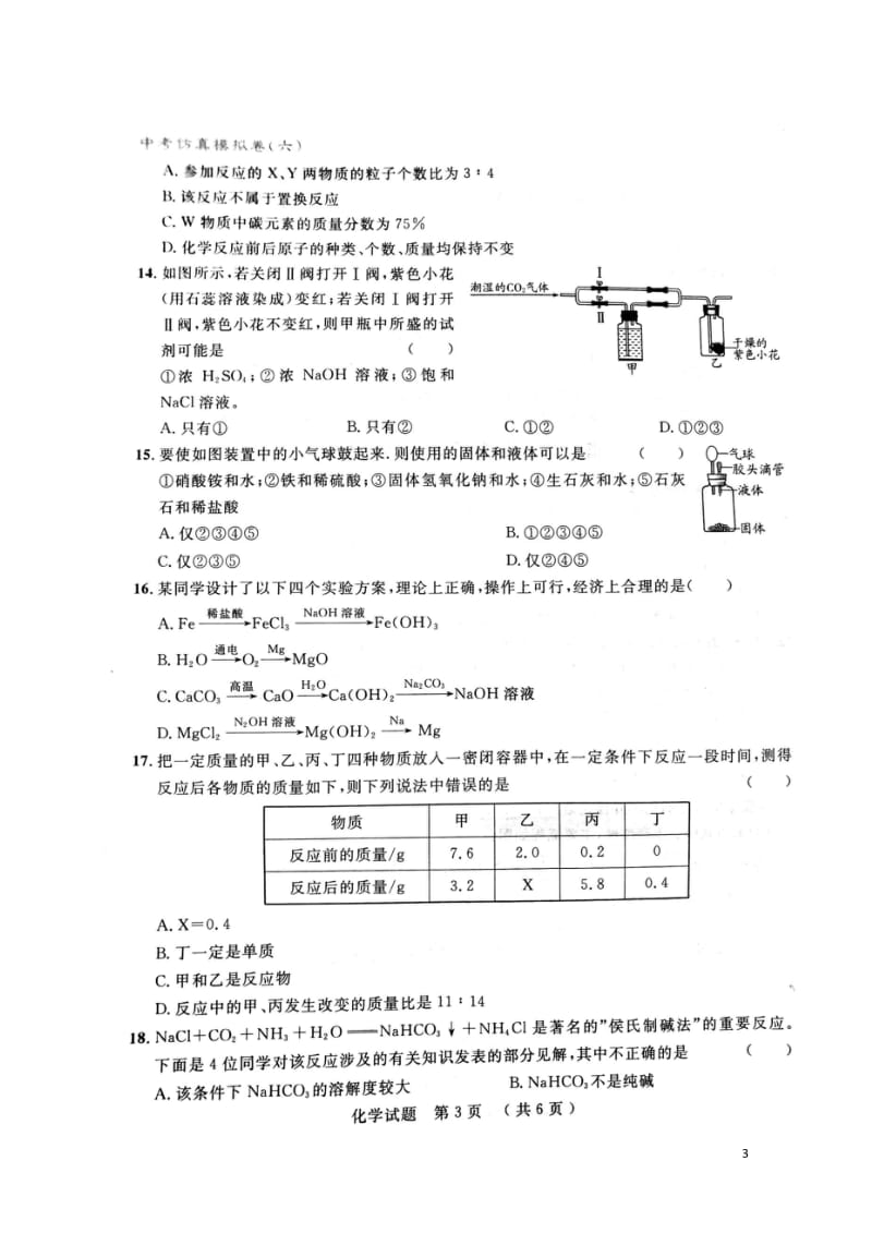 山东省泰安市2018年中考化学仿真模拟试题六201806133172.wps_第3页