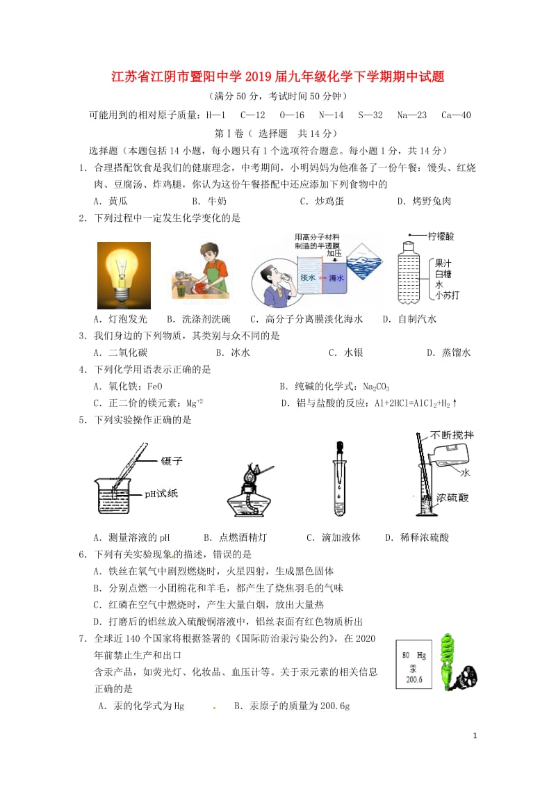 江苏省江阴市暨阳中学2019届九年级化学下学期期中试题20180607532.doc_第1页