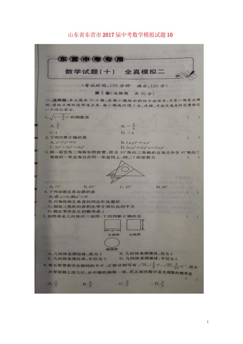 山东诗营市2017届中考数学模拟试题10扫描版20180612286.wps_第1页