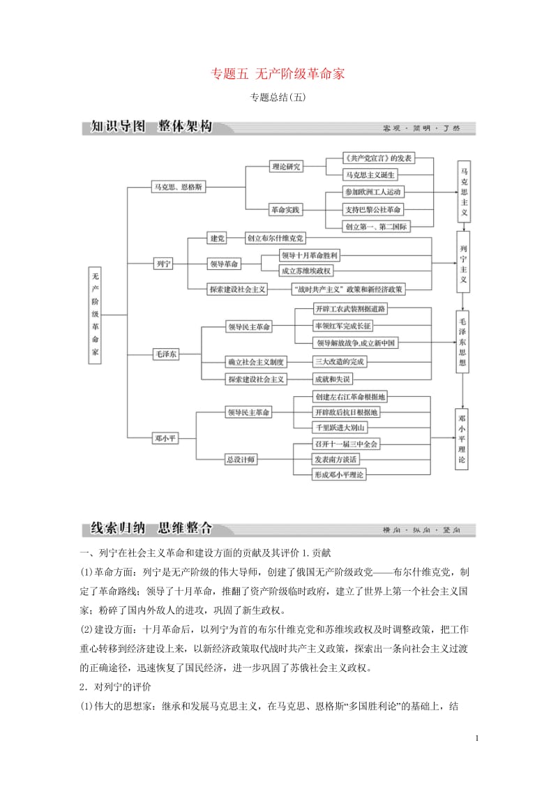 2017_2018学年高中历史专题五无产阶级革命家专题总结学案人民版选修4201806052183.wps_第1页