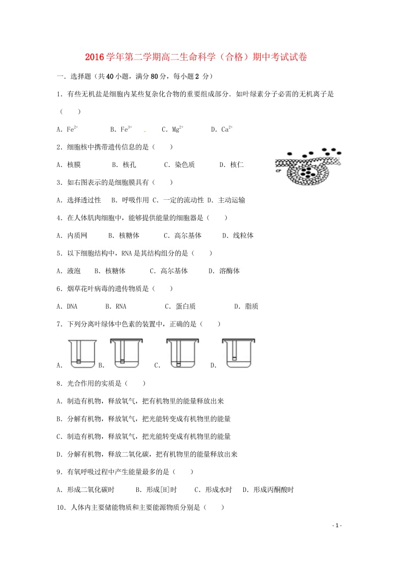 上海市金山中学2016_2017学年高二生物下学期期中试题合格201806110284.wps_第1页