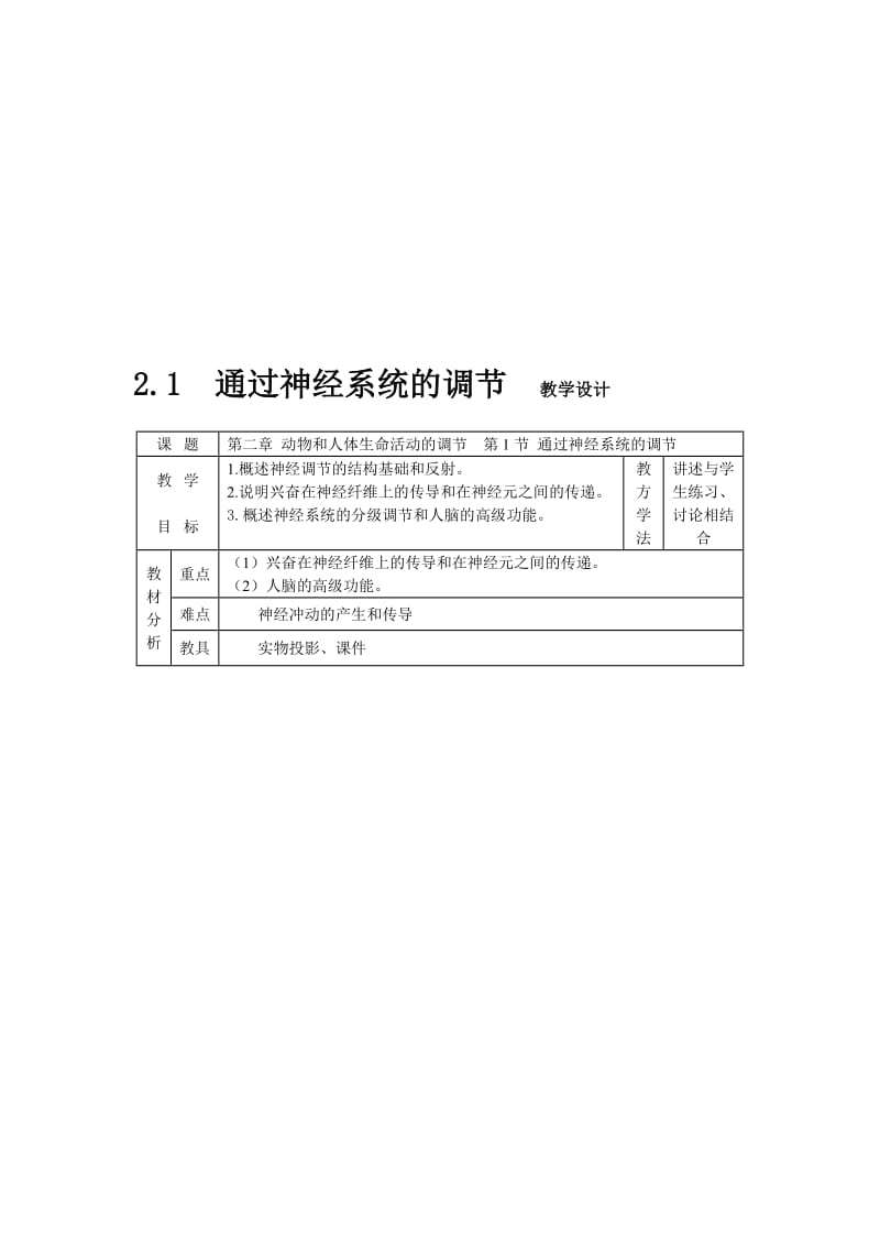 2.1《通过神经系统的调节》教学设计王连升-教学文档.doc