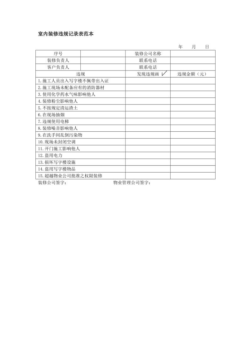 室内装修违规记录表范本.doc_第1页