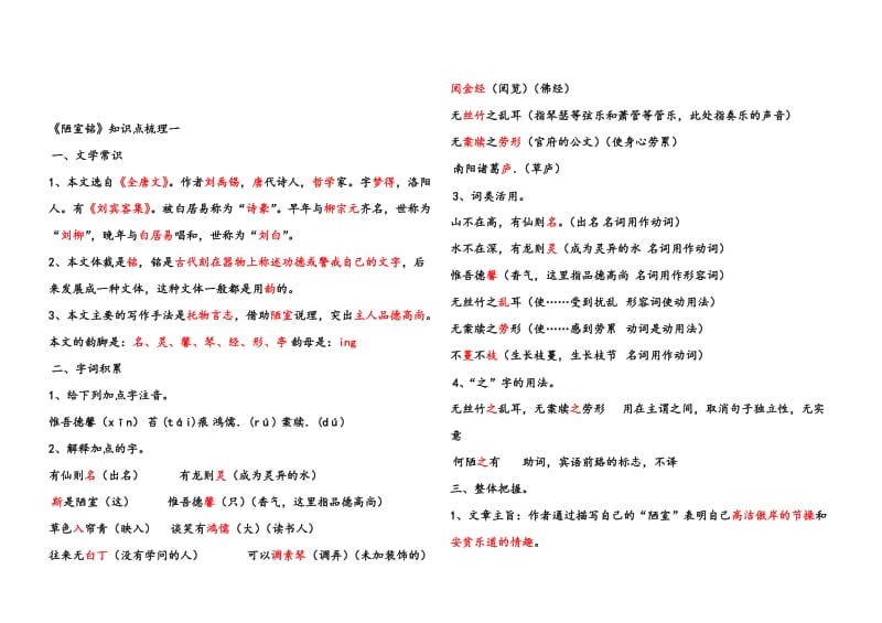 《陋室铭》知识点及中考题汇编及参考答案名师制作优质教学资料.doc_第1页