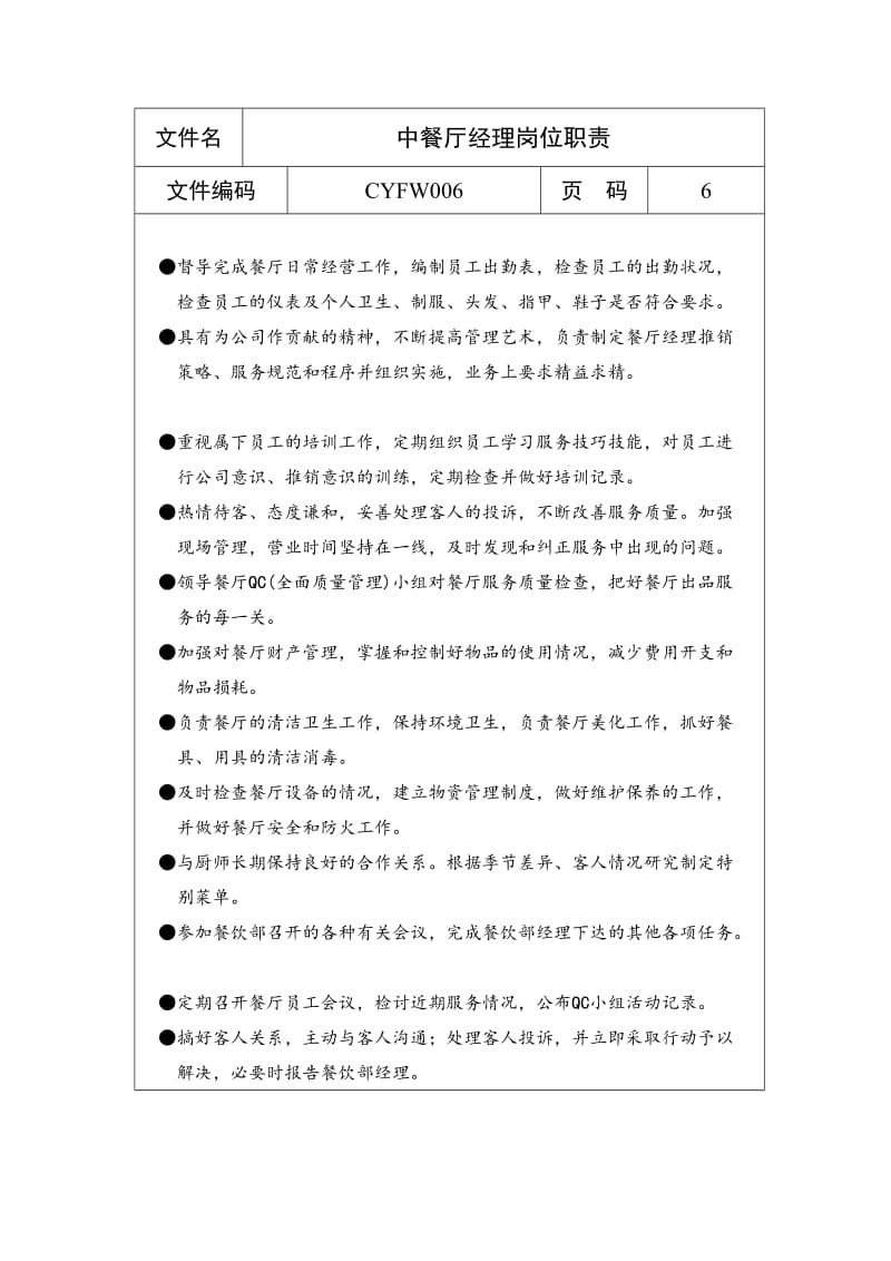 中餐厅经理岗位职责（表格模板、doc格式）.doc_第1页