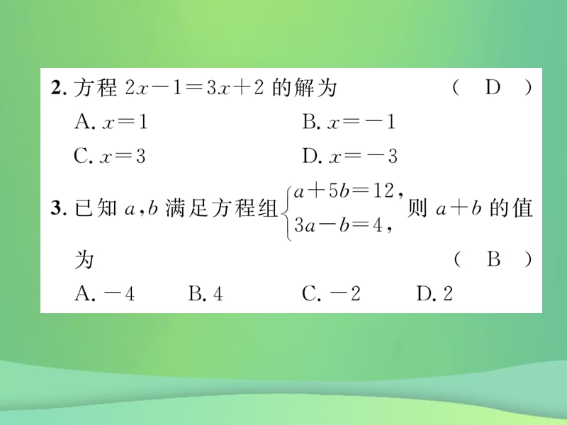 2019年中考数学复习第2章方程（组）与不等式（组）第6课时一次方程与方程组（精练）课件.pptx_第2页