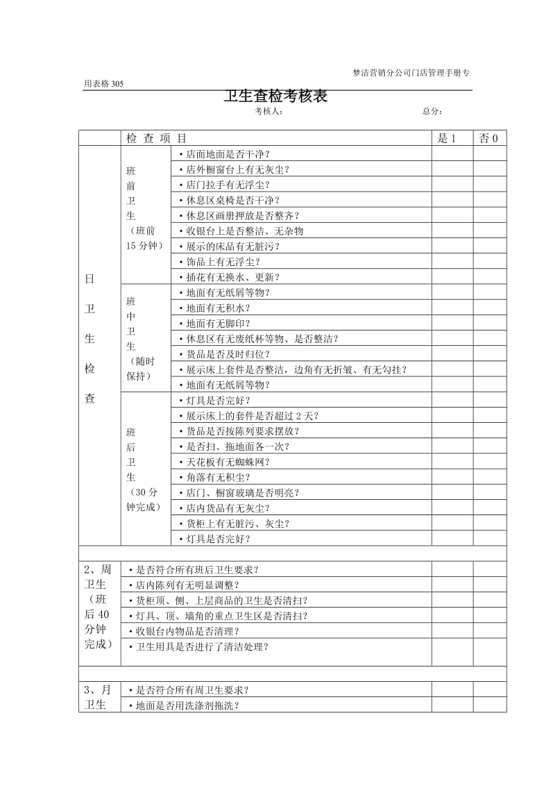 卫生查检考核表（制度范本、doc格式）.doc_第1页