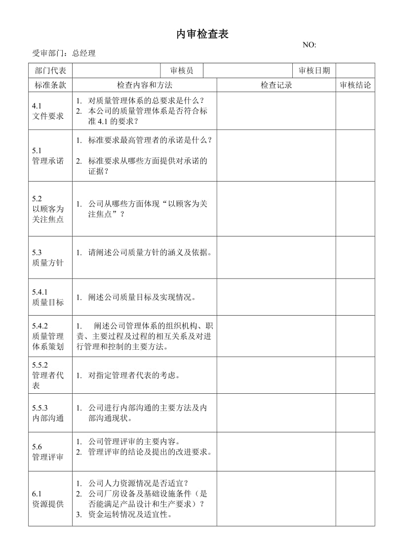 各部门内审检查表——检查表（总经理）.doc_第1页