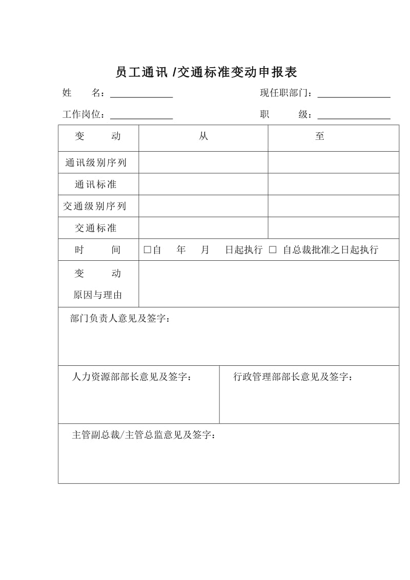 员工通讯交通标准变动申报表word模板.doc_第1页