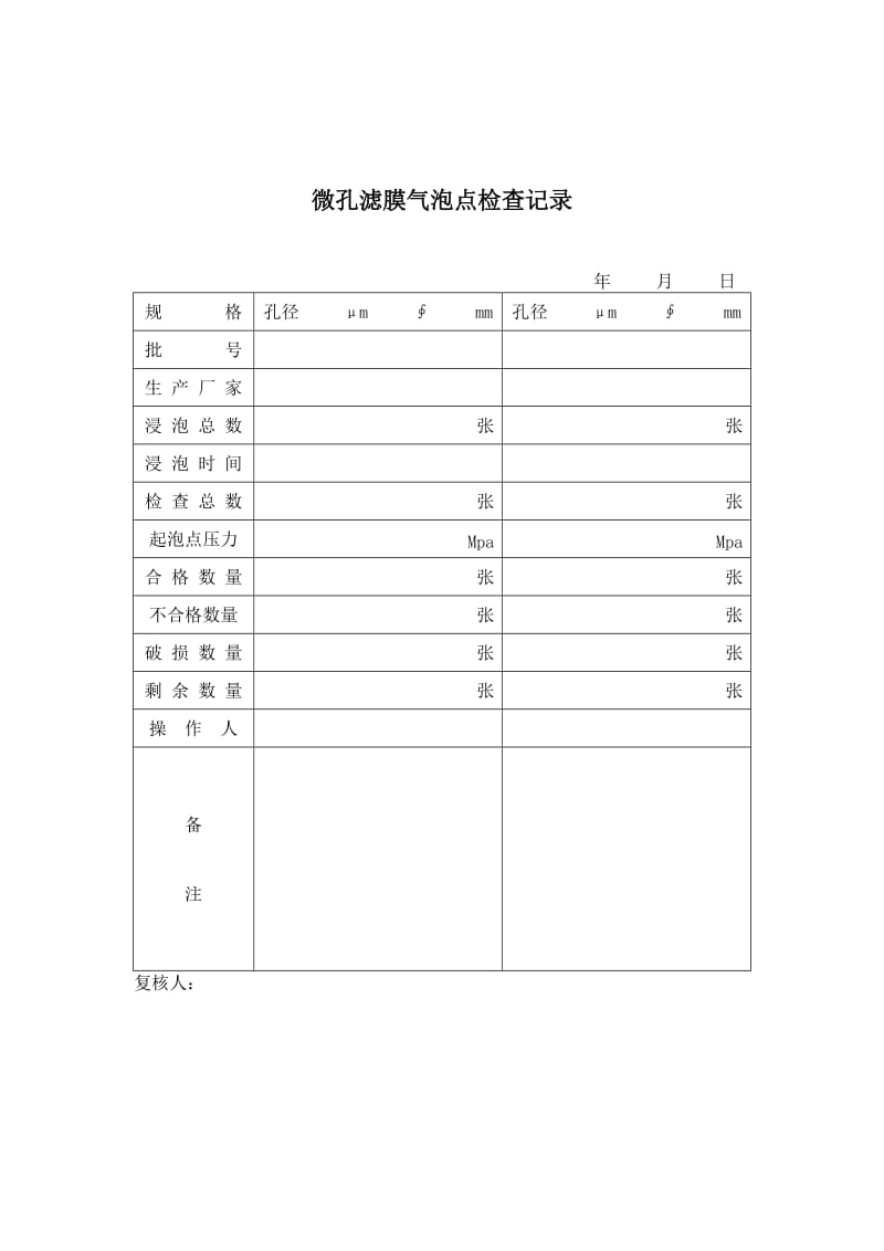 微孔滤膜气泡点检查记录word模板.doc_第1页