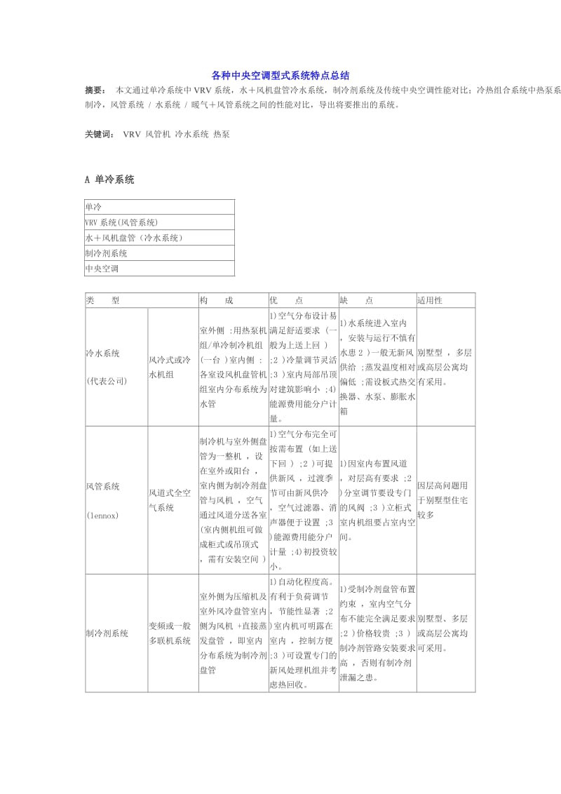 各种中央空调型式系统特点总结.doc_第1页