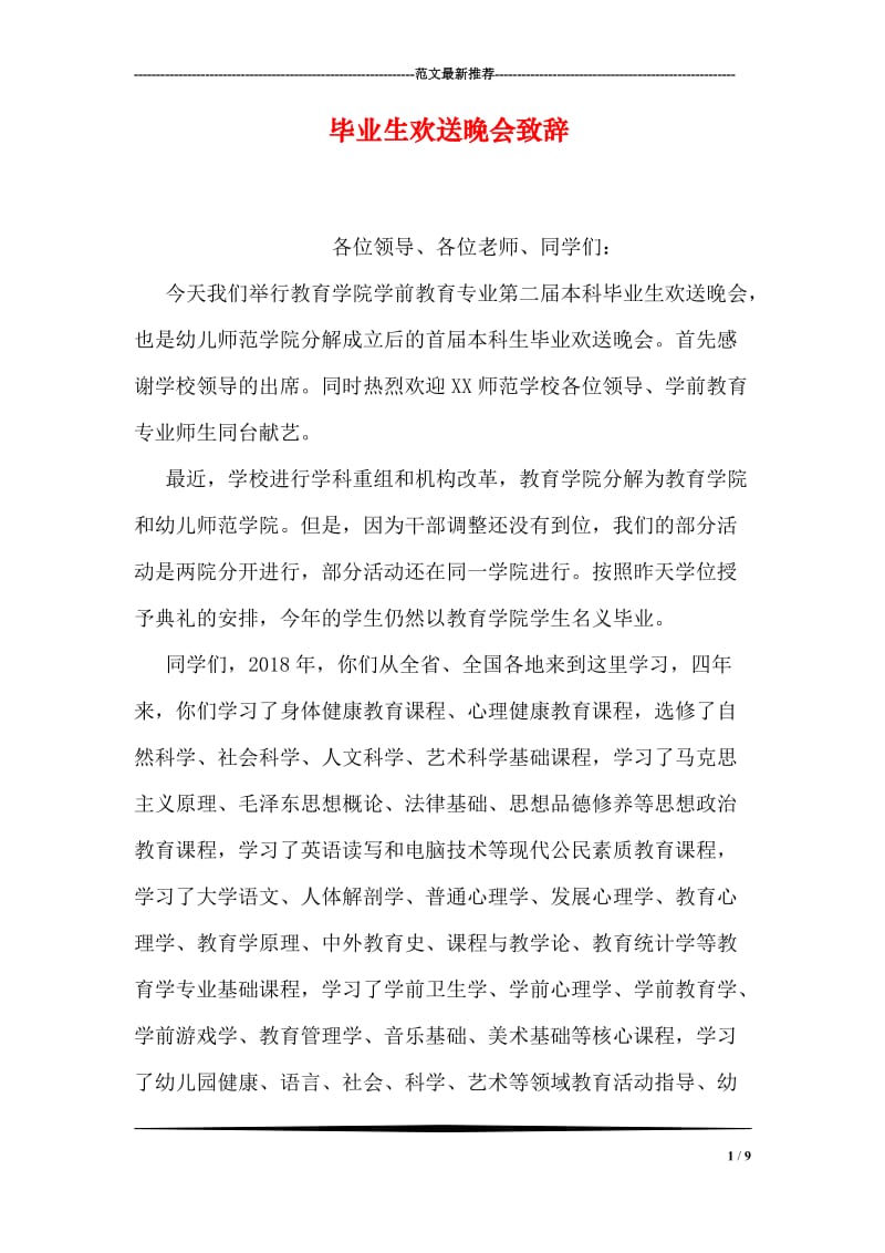 毕业生欢送晚会致辞.doc_第1页