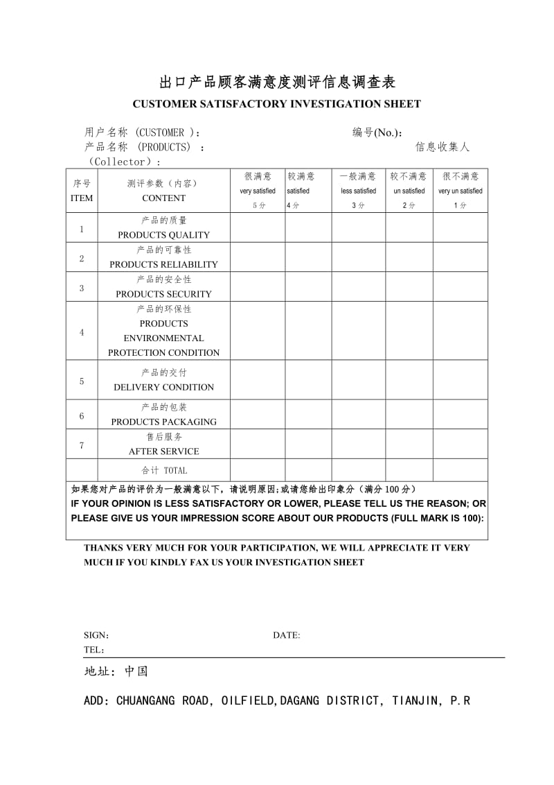 出口产品顾客满意度测评信息调查表.doc_第1页