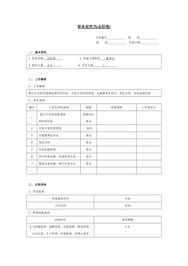 总经理职务说明书（表格模板、doc格式）.doc_第1页