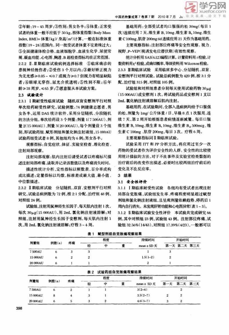 鼠神经生长因子随机双盲安慰剂对照ⅠⅡⅢ期临床试验中注射部位疼痛的综合分析（精品pdf）.pdf_第2页