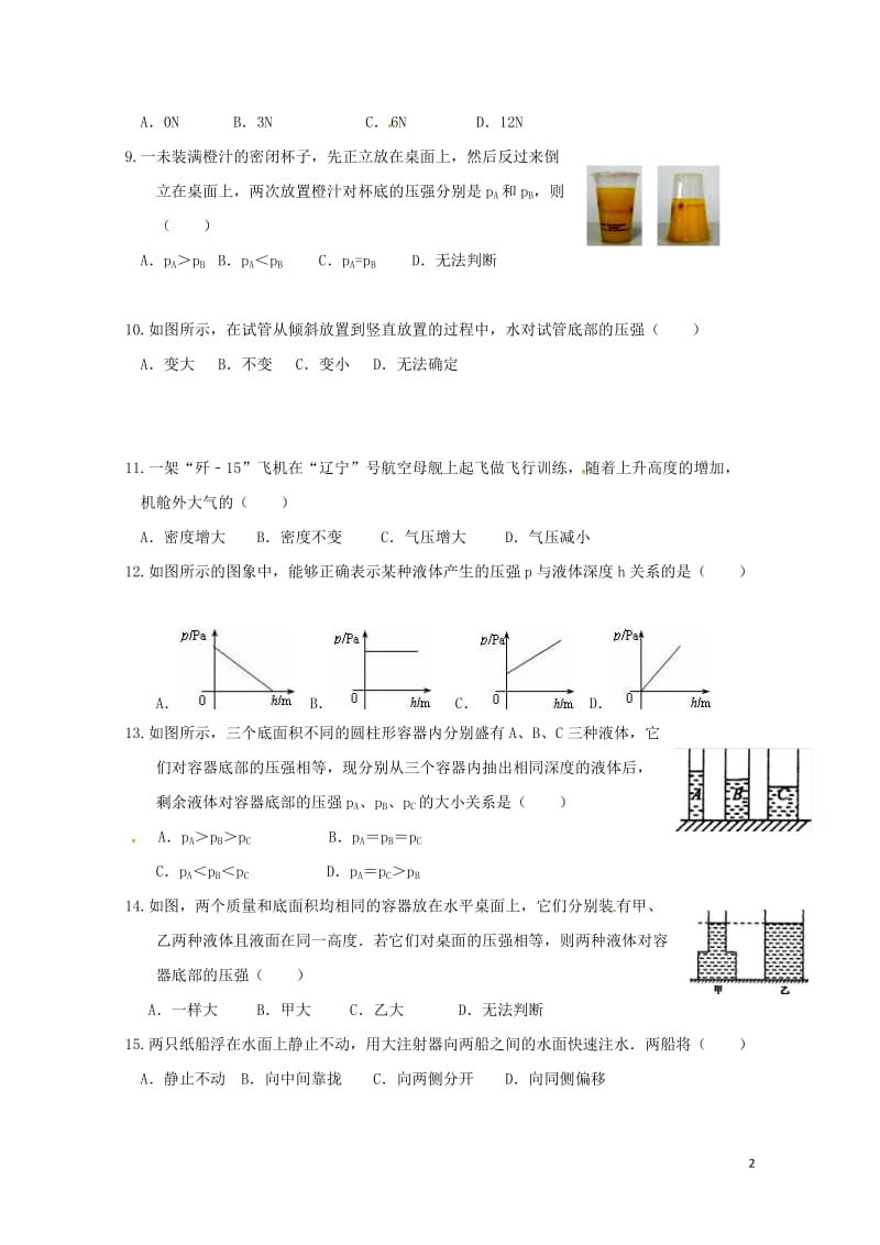 福建省莆田市第二十四中学2017_2018学年八年级物理下学期期中试题沪科版201805234102.doc_第2页