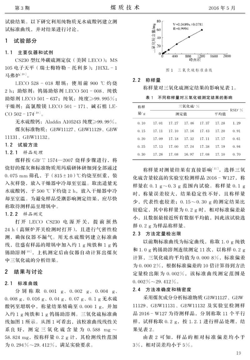 高频燃烧红外吸收法快速测定煤灰中三氧化硫研究.pdf_第2页