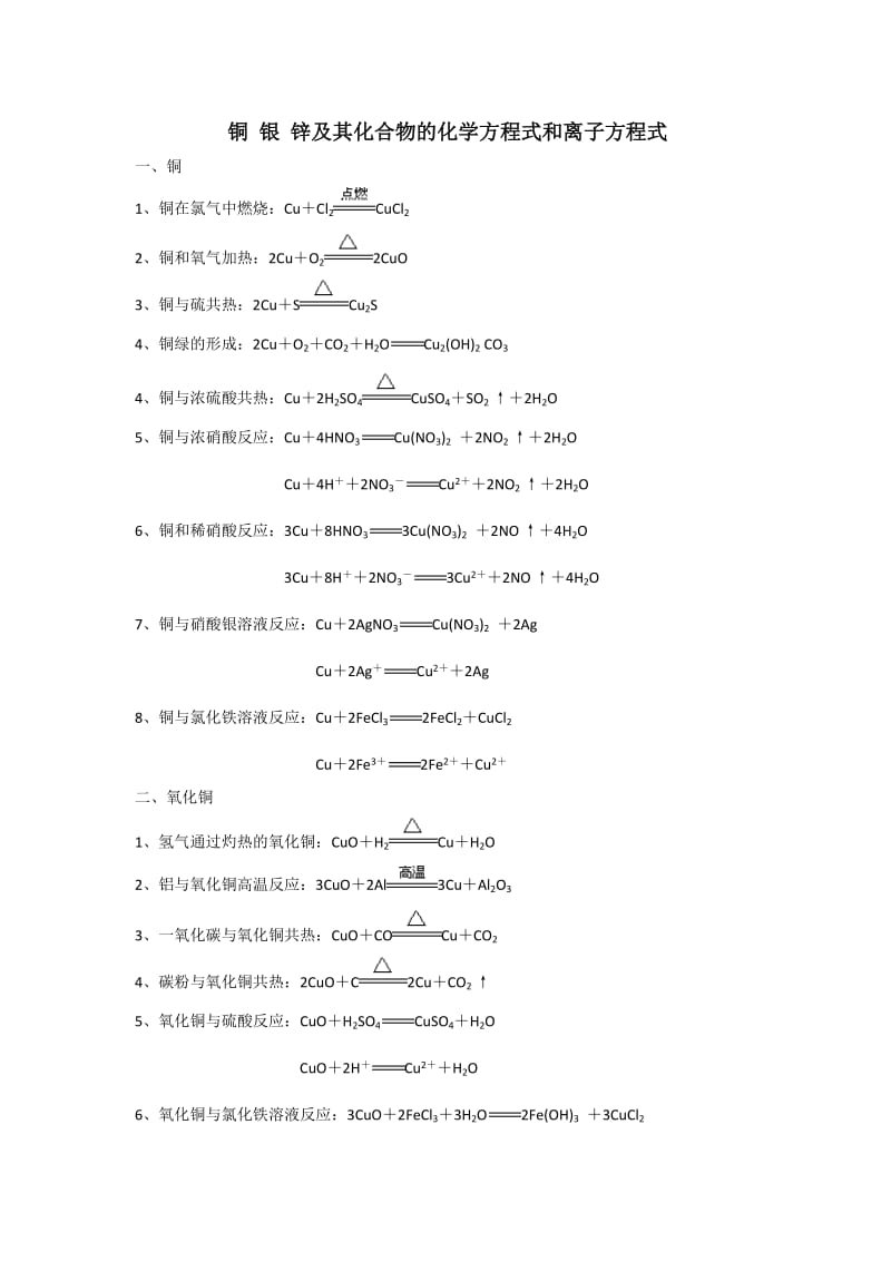 最新铜-银-锌及其化合物的化学方程式和离子方程式优秀名师资料.doc_第1页