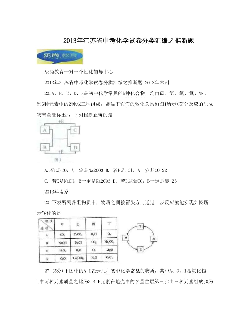 最新江苏省中考化学试卷分类汇编之推断题优秀名师资料.doc_第1页