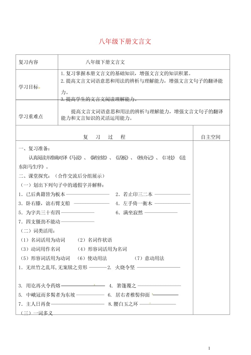 江苏省灌南县2018届中考语文专项复习文言文八下学案20180524219.wps_第1页