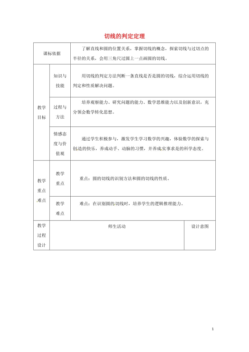 陕西省安康市石泉县池河镇九年级数学上册24.2点和圆直线和圆的位置关系24.2.3切线的判定教案新版.doc_第1页