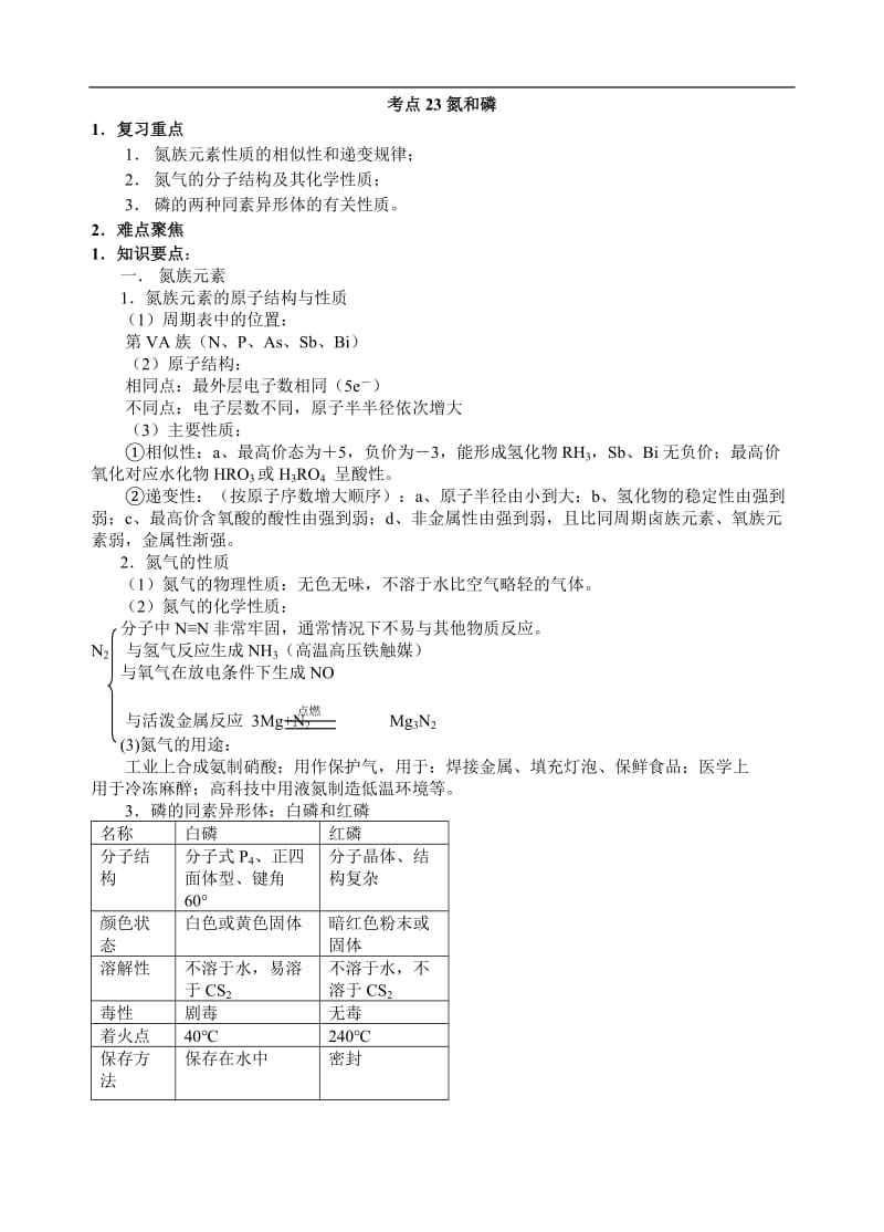 最新高考化学58个考点精讲_考点23_氮和磷优秀名师资料.doc_第1页