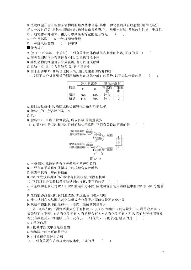 2019届高考生物总复习课时作业4核酸与细胞中的糖类和脂质201805173147.doc_第2页