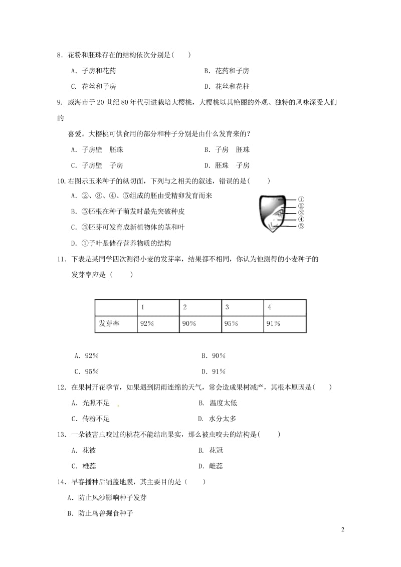 山东省威海市2017_2018学年六年级生物下学期期中试题五四制20180516125.wps_第2页