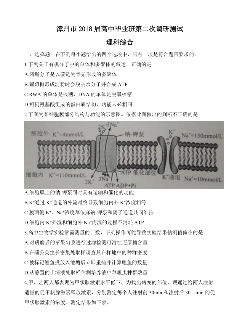 福建省漳州市2018届高三下学期第二次调研测试(3月)理综试卷(有答案).doc_第1页