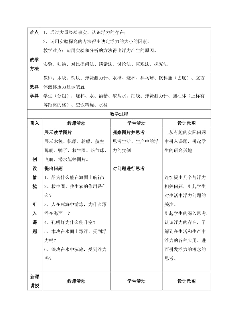 最新人教版物理八年级下册10.1 浮力 教学设计名师精心制作教学资料.doc_第2页