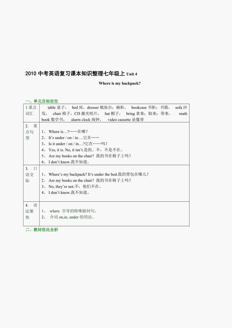 最新中考英语复习课本知识整理七年级上Unit 4名师精心制作教学资料.doc_第1页