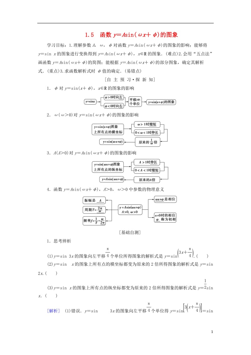 2018年秋高中数学第一章三角函数1.5函数y＝Asin（ωx＋φ）的图象学案新人教A版必修4.doc_第1页