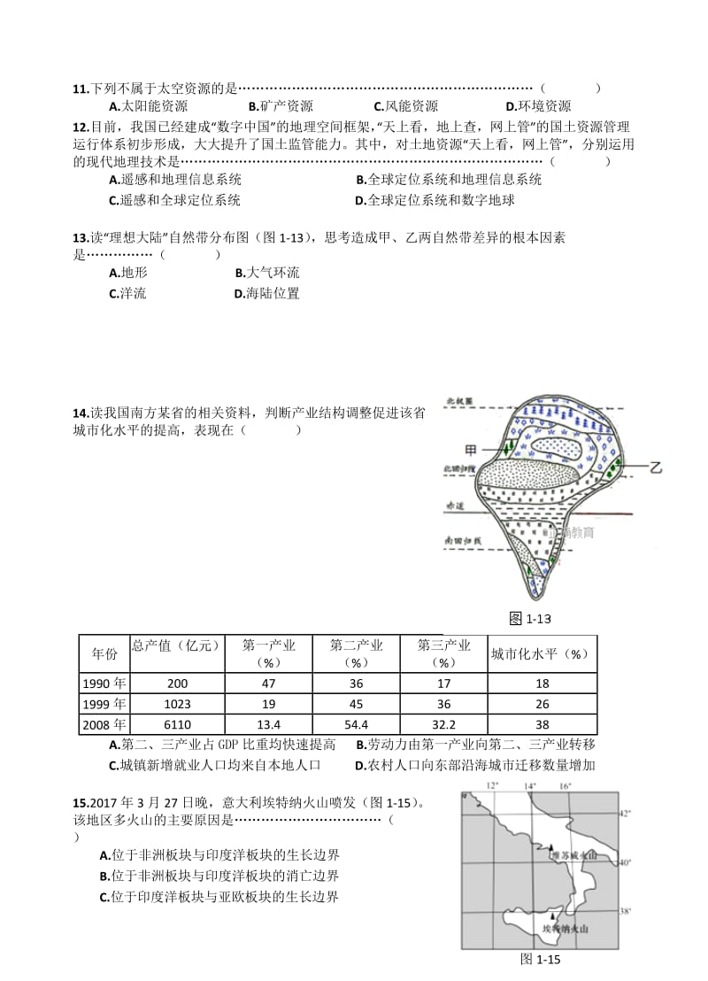 最新上海市金山区2018届高三下学期质量监控(二模)地理试卷(有答案).doc_第3页