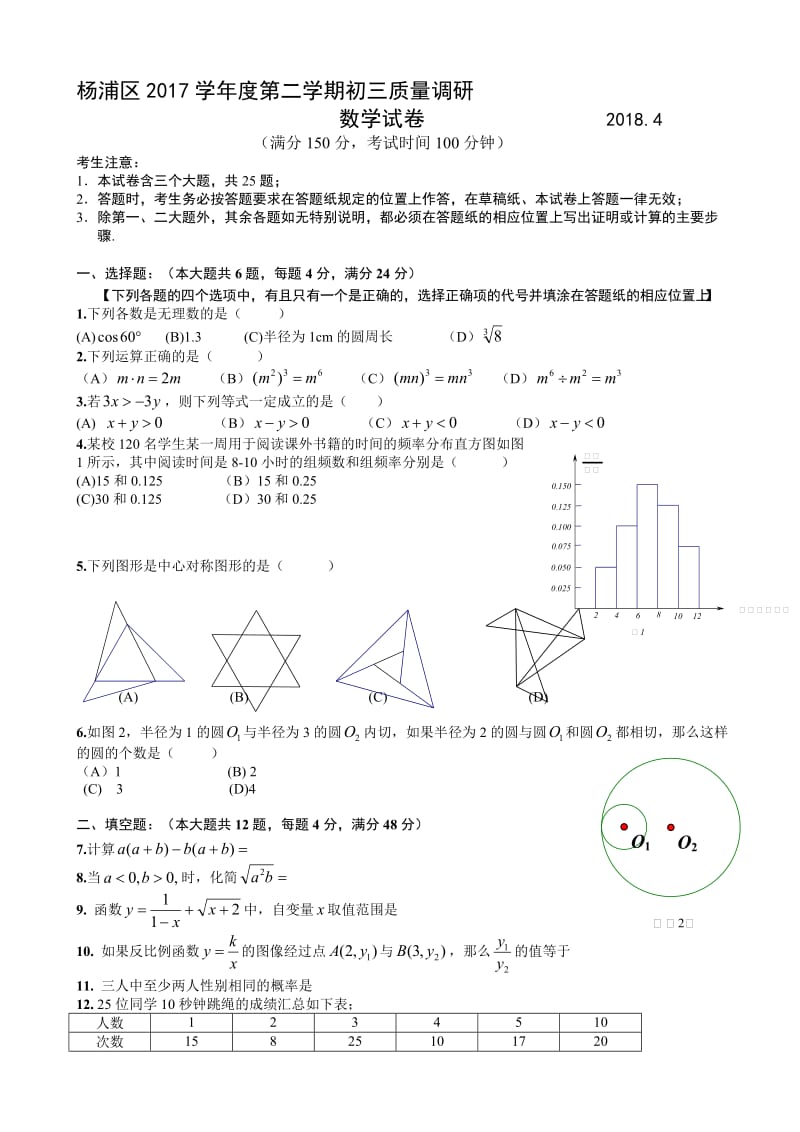 最新上海市杨浦区2018届中考二模数学试卷有答案.doc_第1页