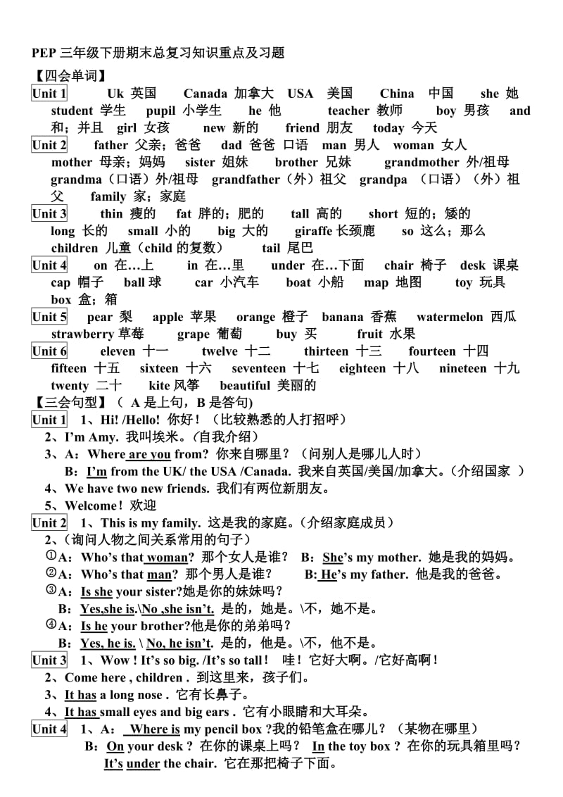 人教版pep英语小学三年级(下)知识点归纳__期末总复习资料名师制作精品教学课件.doc_第1页