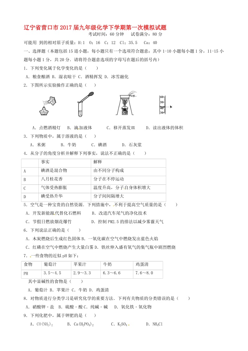 最新辽宁省营口市2017届九年级化学下学期第一次模拟试题.doc_第1页