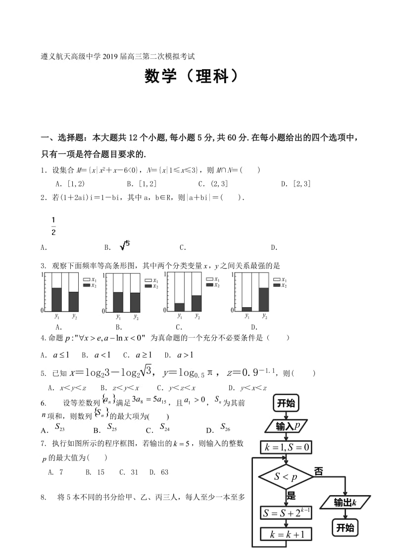 最新贵州省遵义航天高级中学2019届高三第二次模拟考试数学(理)试卷(有答案).doc_第1页