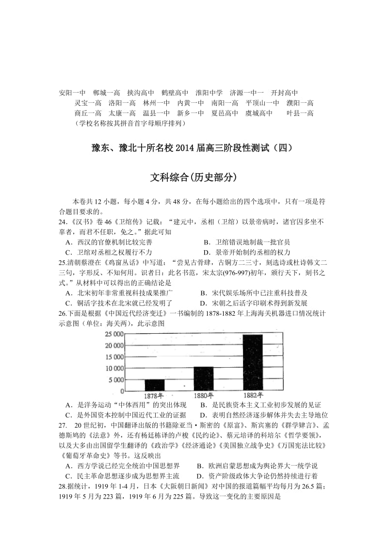 河南省豫东、豫北十所名校高三阶段性测试（四）文科综合历史部分试题（必修三册、选修一二三四）[人教版]合集.doc_第1页