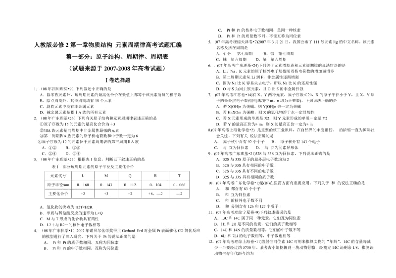 高化学物质结构元素周期律高考试题汇编人教版必修(k)汇编.doc_第1页